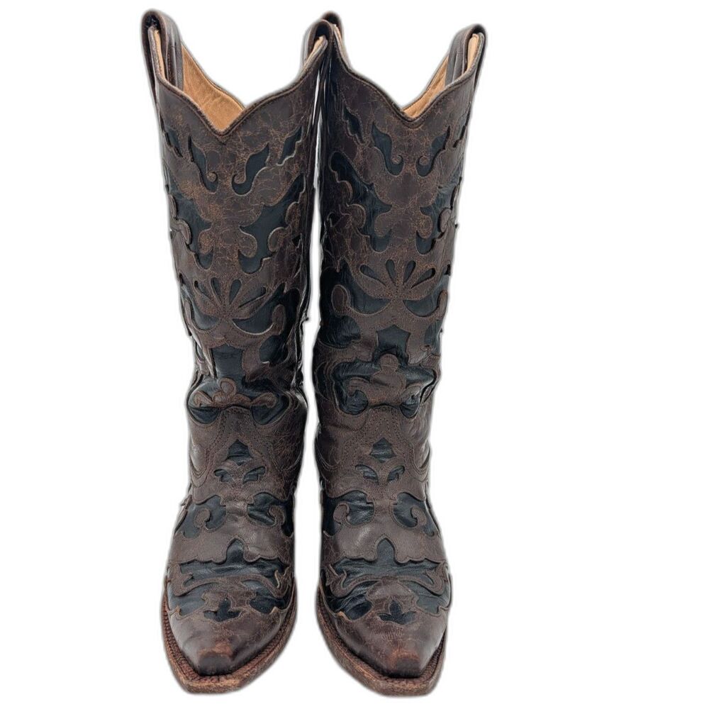 Corral Women's Brown & Black Inlay Leather Cowboy Boots Size 6.5 Western Cowgirl